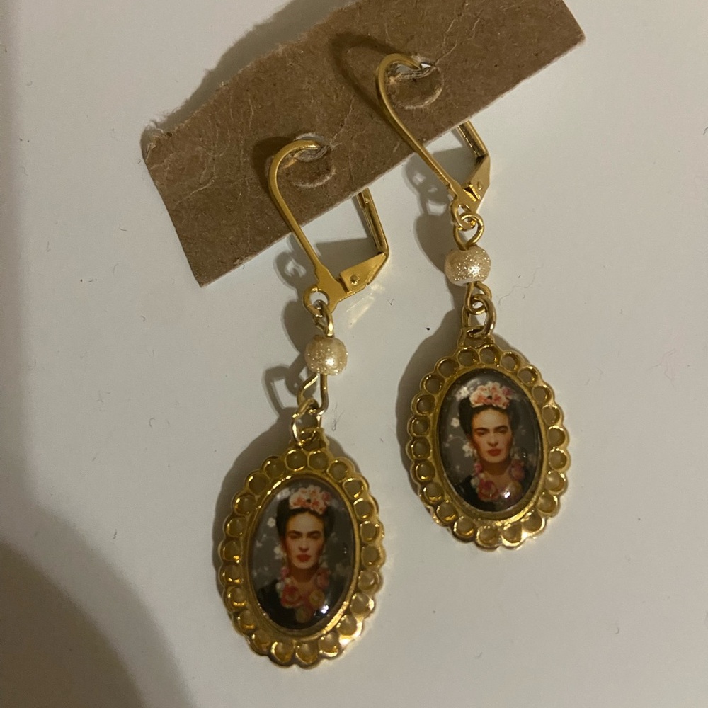 Gold toned Frida Kahlo Portrait Drop Earrings - Women Jewelry
